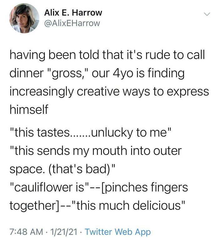 Tweet by Alix E. Harrow: A hilarious-kid expresses dislike for dinner with creative phrases instead of saying "gross".