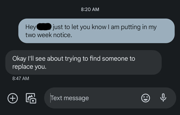 Text conversation about quitting jobs, with a two-week notice given.