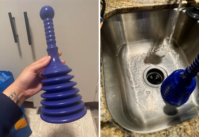 Blue sink plunger held by a person and used in a stainless steel sink, highlighting responsible cleaning habits.