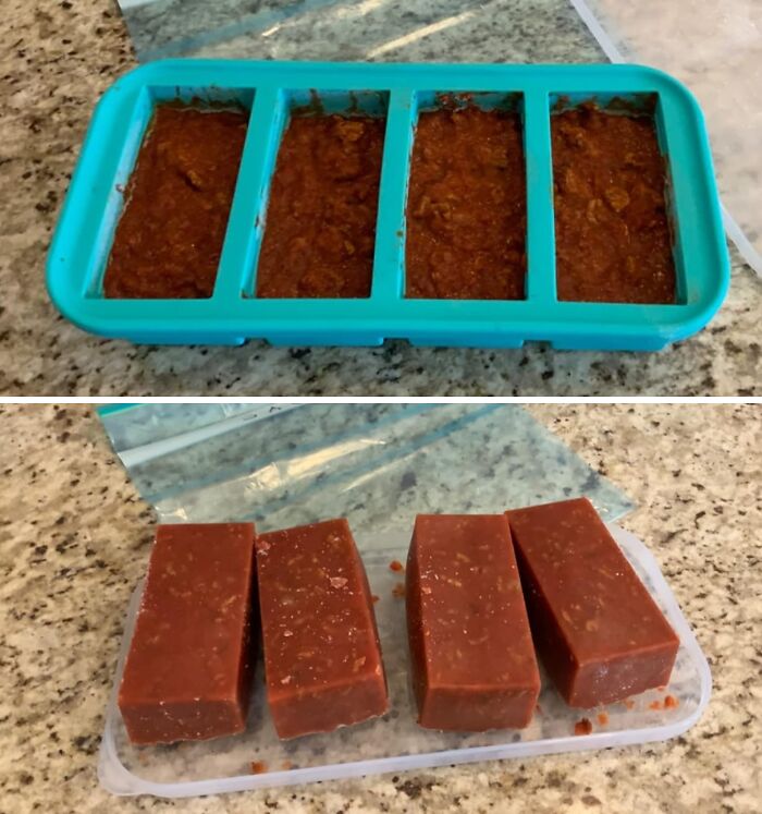 Homemade soap bars in a mold and finished, showcasing a responsible lifestyle choice.