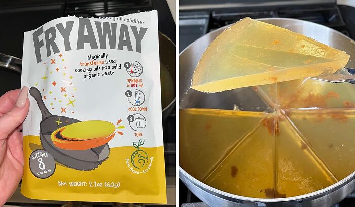 Package of FryAway oil solidifier with a pan of solidified oil slice, promoting responsible waste disposal.