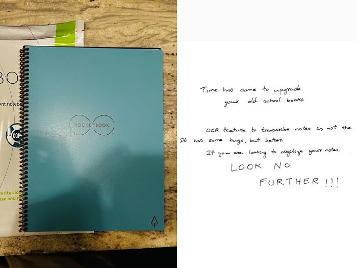 Rocketbook notebook on a table alongside handwritten notes with an OCR feature, promoting responsible digitization.