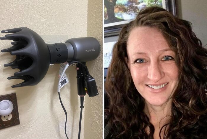 Hairdryer wall mount with diffuser attached; smiling woman with curly hair indoors, reflecting responsibility.