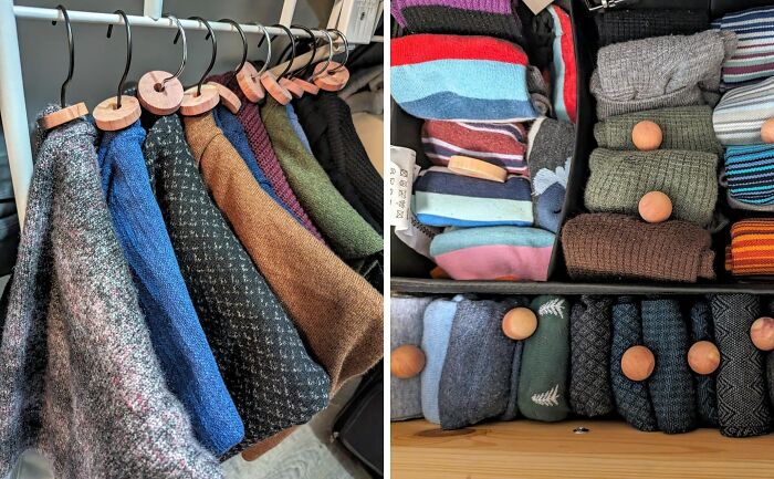 Organized closet showcasing neatly arranged sweaters and socks, promoting responsible fashion choices for the new year.