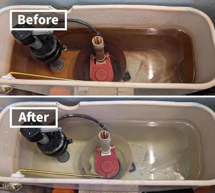 Before and after comparison of a cleaned toilet tank, showcasing responsible maintenance.