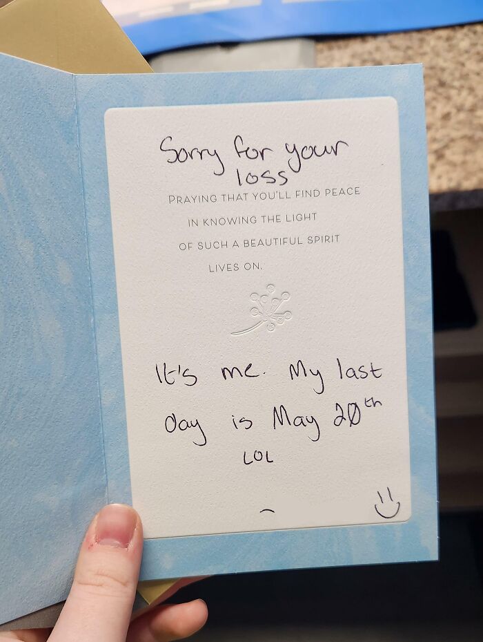 Farewell card with handwritten note, part of the trend of people quitting jobs humorously.