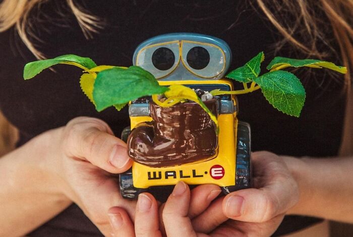 Wall-E themed planter office supply, making workspaces fun and lively with green leaves sprouting.