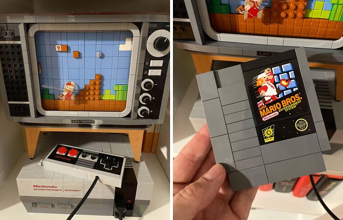 Lego Nintendo set with 80s nostalgia theme, featuring a classic TV, console, and Super Mario Bros. game cartridge.