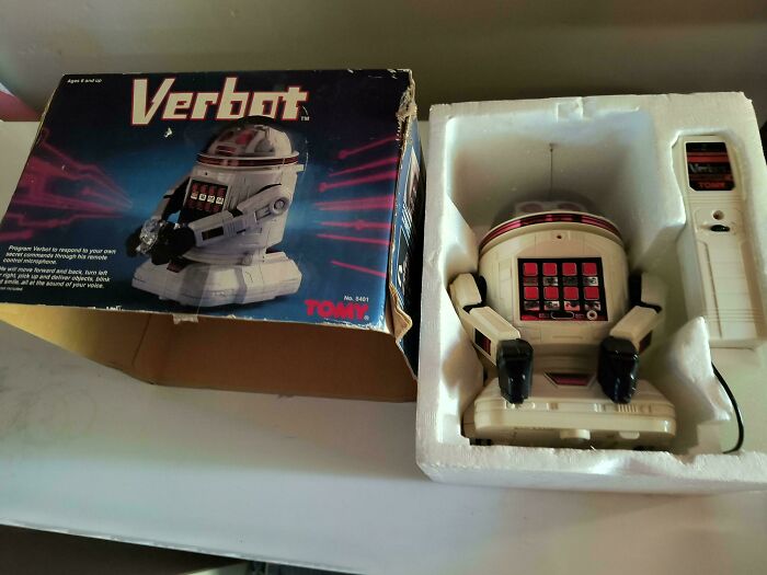 80s nostalgia toy Verbot by Tomy in original packaging, featuring a retro robot design and remote control.