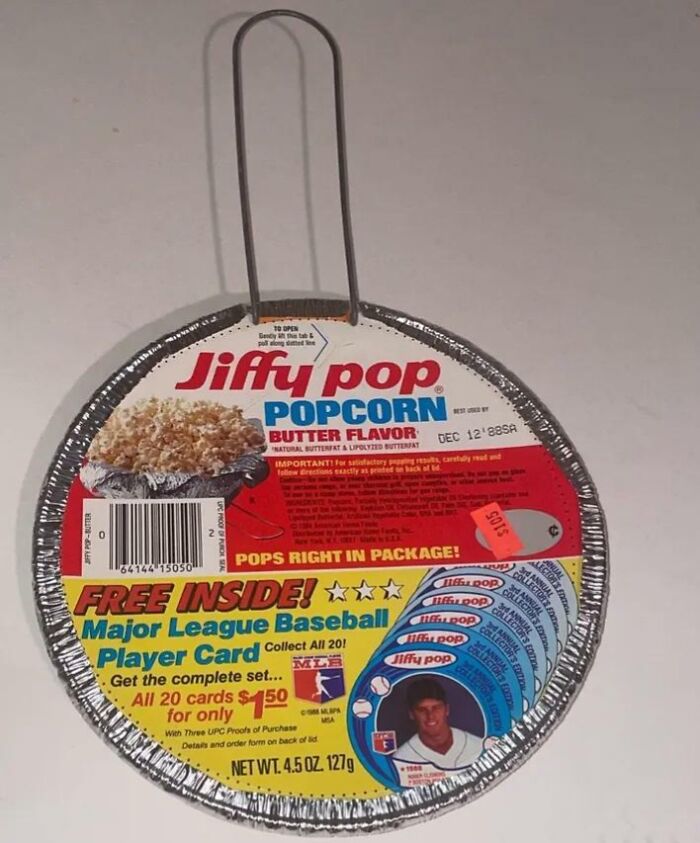 Jiffy Pop popcorn package with vintage 1980s nostalgia design offering baseball card included.