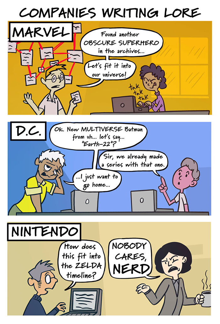 Comic by Cat Trigger depicting Marvel, DC, and Nintendo humorously discussing complex storylines.