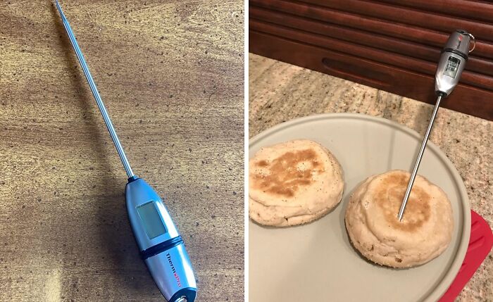 Digital thermometer used for cooking, placed on a counter and inserted into baked goods, symbolizing better cooking skills.