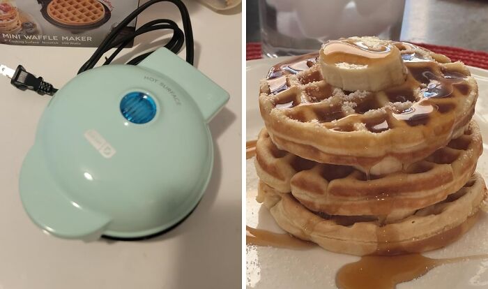 Mini waffle maker and stack of waffles with syrup, highlighting a better cooking pursuit.