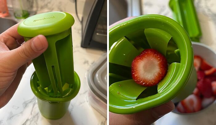 Green kitchen gadget used for slicing strawberries, helping improve cooking skills.