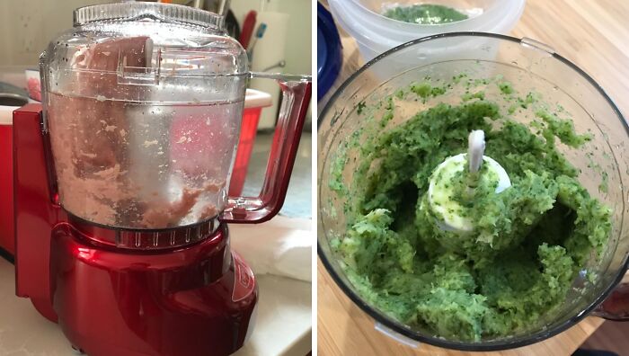 Red food processor blending ingredients, focusing on cooking skills improvement.