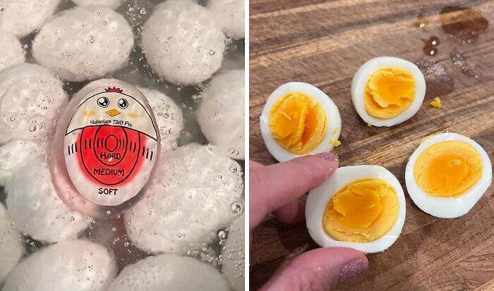 Egg cooker timer in boiling water and three perfectly boiled eggs on a wooden board, for cooking improvement.