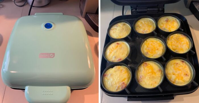 Light green waffle maker with egg and cheese bites, perfect for improving cooking skills in the New Year.