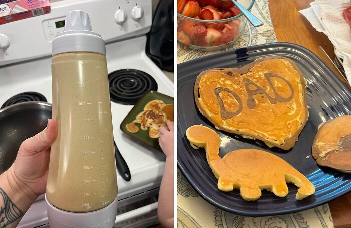 Making pancakes in creative shapes on a stove, with one shaped like a dinosaur, as part of a cooking improvement effort.