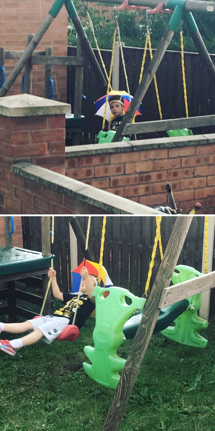 A kid wearing an umbrella hat swings joyfully in the backyard. Hilarious-kids moments captured in play.