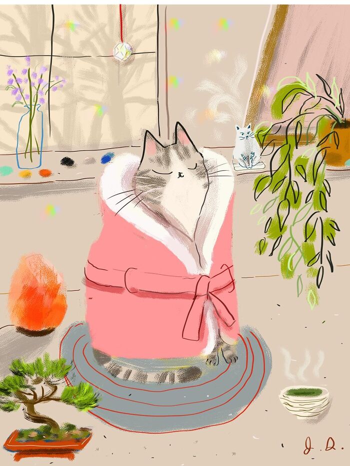 Cozy illustration of a cat in a pink robe, surrounded by plants and cozy decor, ideal art for cat lovers.