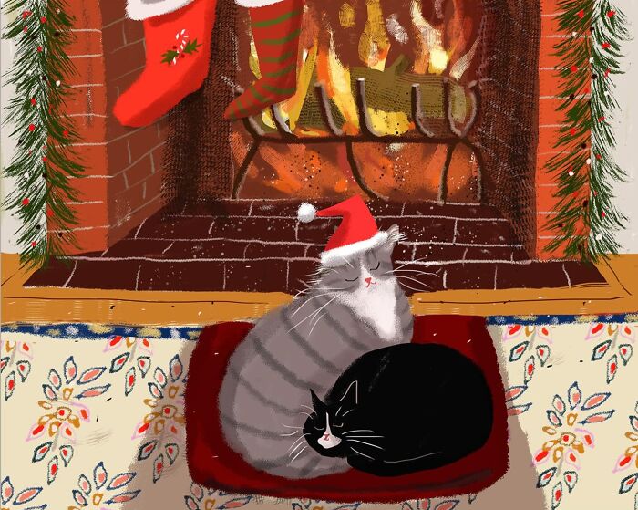 Cozy illustration of two cats in front of a festive fireplace, perfect art for cat lovers by Jamie Shelman.