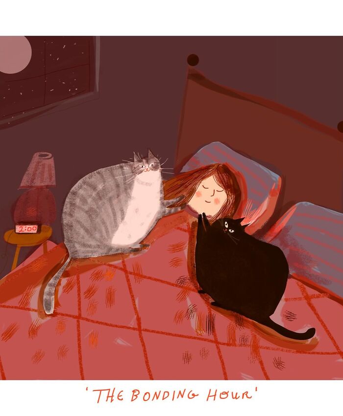 Cozy illustration by Jamie Shelman of a person in bed with two cats.