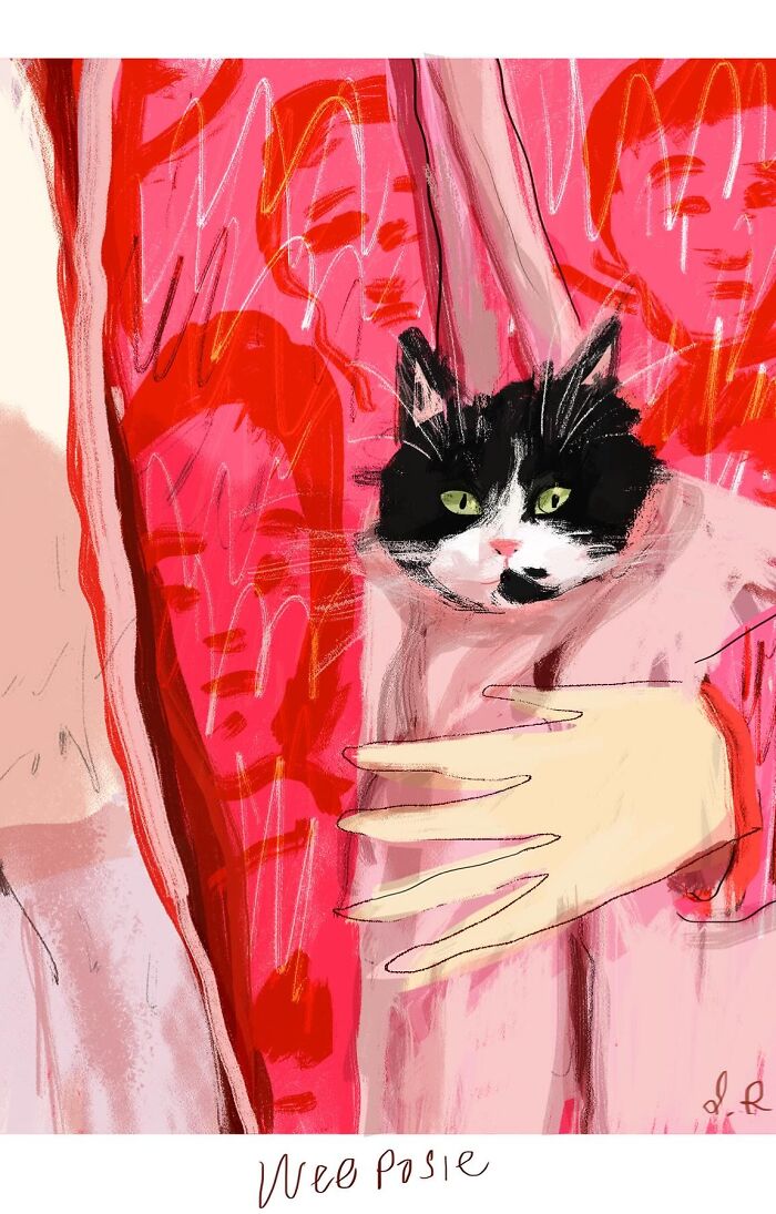 Illustration of a black and white cat peeking from a pink background, perfect art for cat lovers.