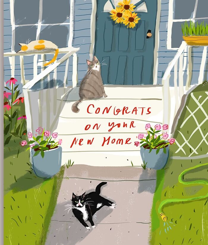 Cozy cat illustration by Jamie Shelman with three cats on a porch and "Congrats on your new home" text.