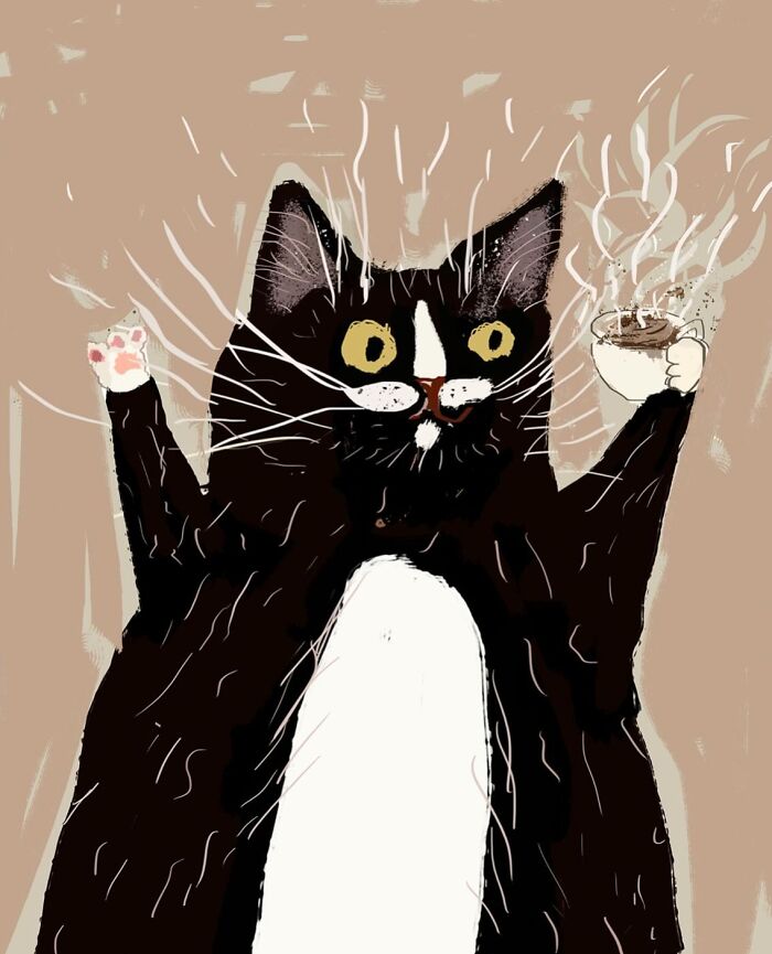 Cozy illustration of a wide-eyed black and white cat holding a steaming coffee cup, for cat lovers.