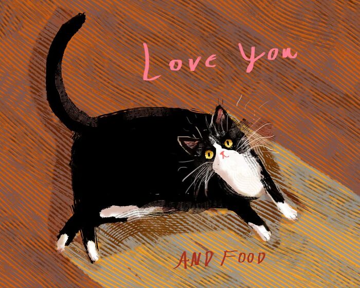 Cozy illustration of a playful black and white cat by Jamie Shelman, with "Love You and Food" text above.