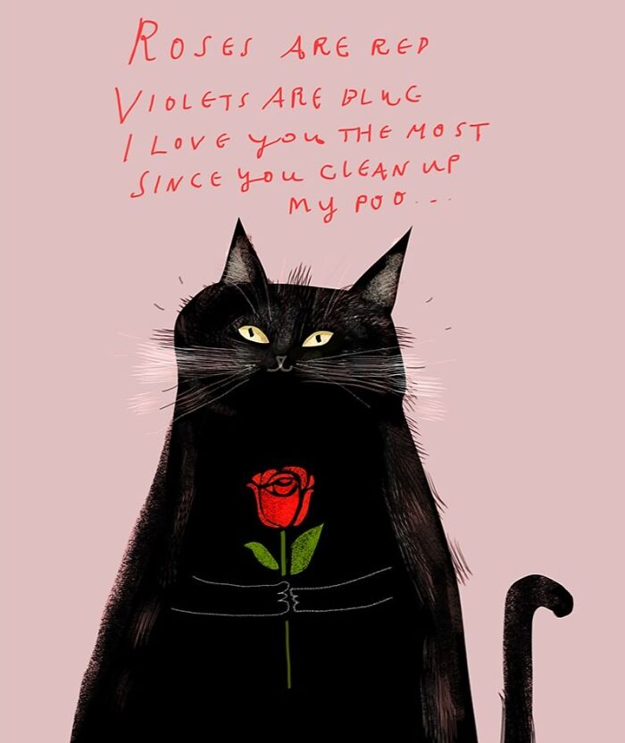 Cozy illustration by Jamie Shelman featuring a black cat holding a rose with humorous poetry in the background.