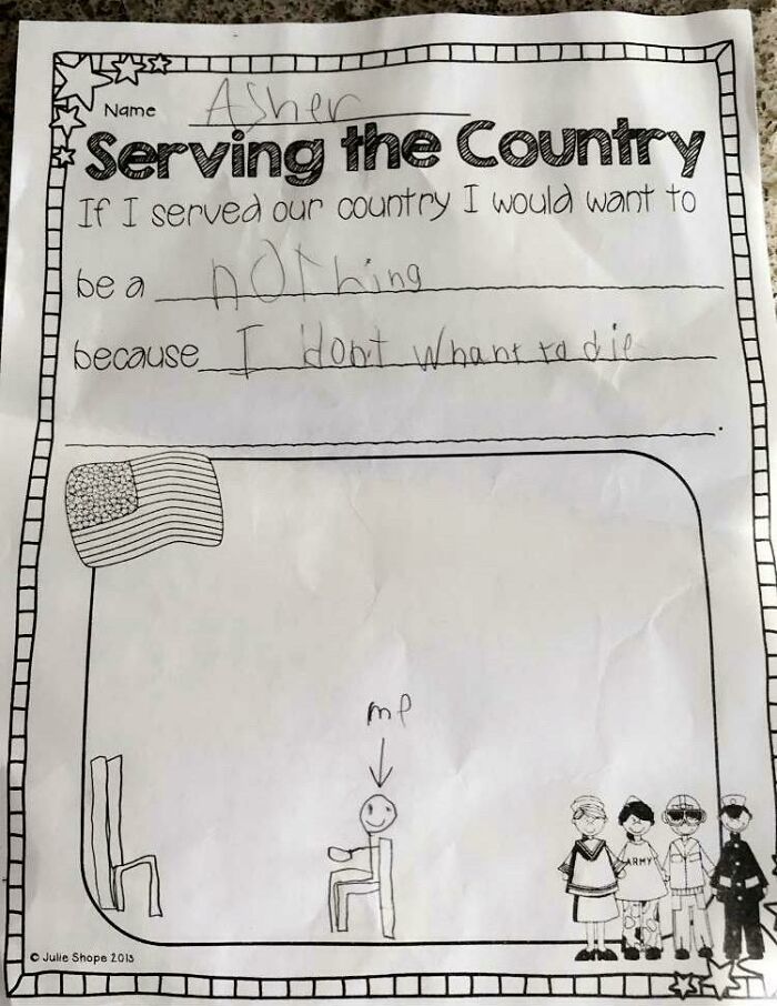 Child's humorous worksheet response with drawing, featuring a sketch and reasons for not serving in the military. Hilarious-Kids.