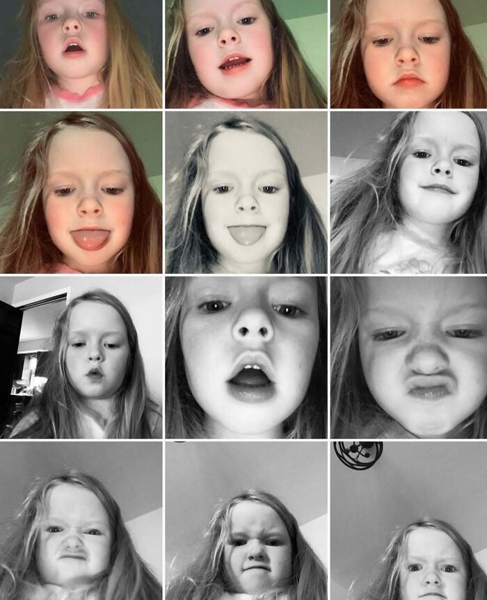 A collage of funny camera roll finds featuring a child making various silly faces.