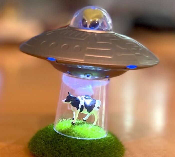 Alien spaceship collecting a cow figurine, a popular panda-themed product with many upvotes.