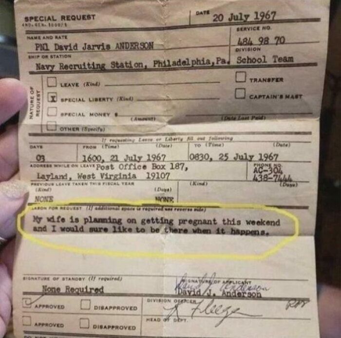 A Seaman's Request For An Extraordinary Leave Of Absence, 1967. Reason: “My Wife Is Planning To Get Pregnant This Weekend And I Would Like To Be Present.”