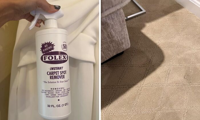 Panda product carpet spot remover bottle next to clean area on beige carpet.