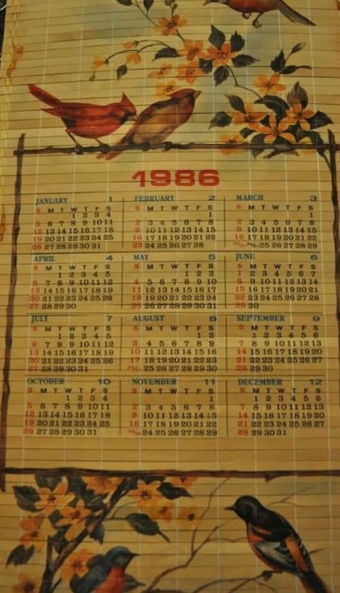 1986 calendar with illustrations of birds and flowers, capturing a nostalgic Gen X vibe.