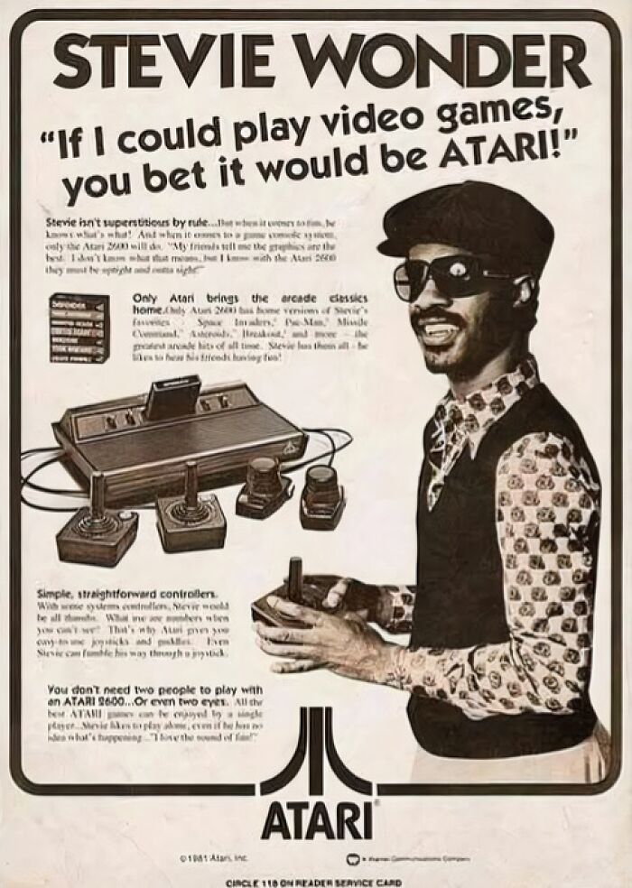 Vintage Atari ad featuring a smiling man in sunglasses and hat, holding a joystick, appealing to Gen X nostalgia.