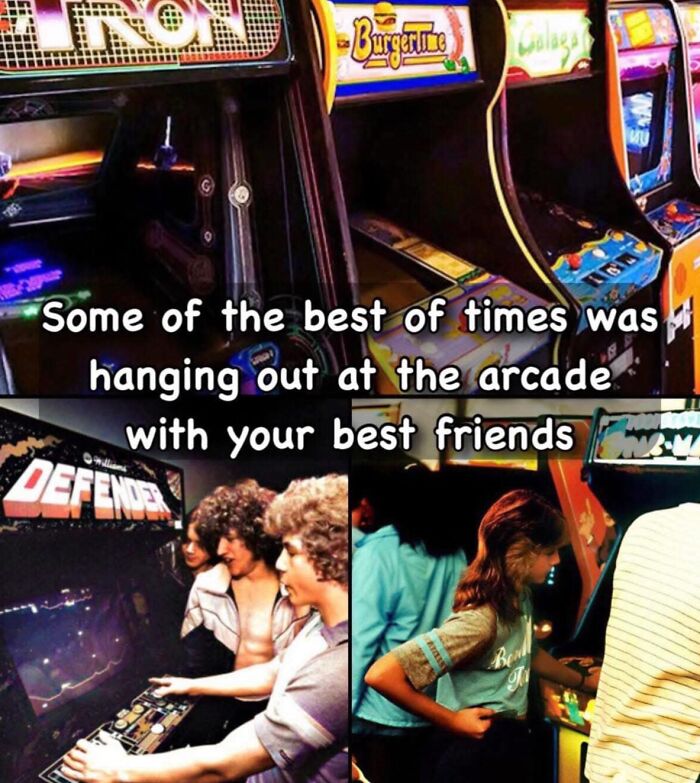 Gen X nostalgia with arcade games and friends having fun.