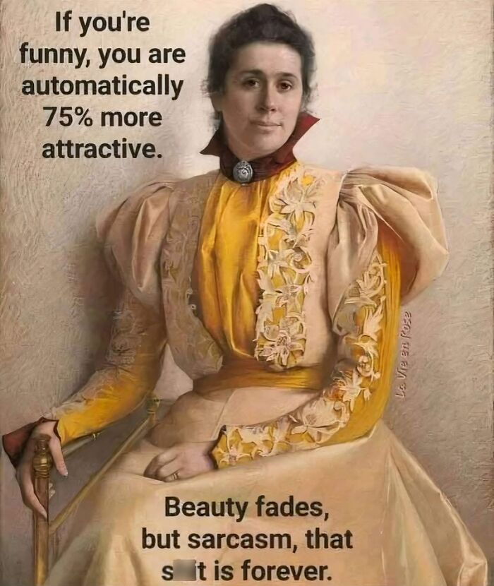 Vintage portrait with funny Gen X text about attractiveness and sarcasm.