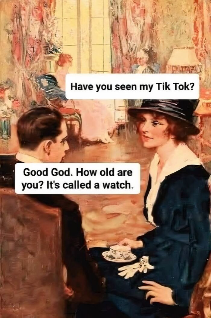 Vintage painting with speech bubbles highlighting funny Gen X humor about TikTok and a watch.