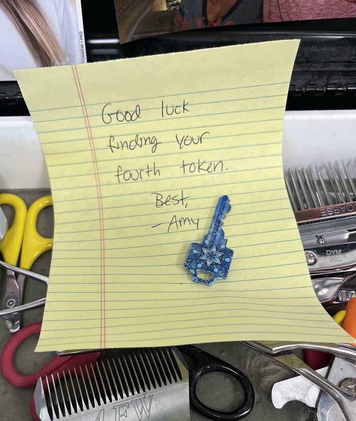 Note with a message from Amy, surrounded by grooming tools, related to people quitting jobs.