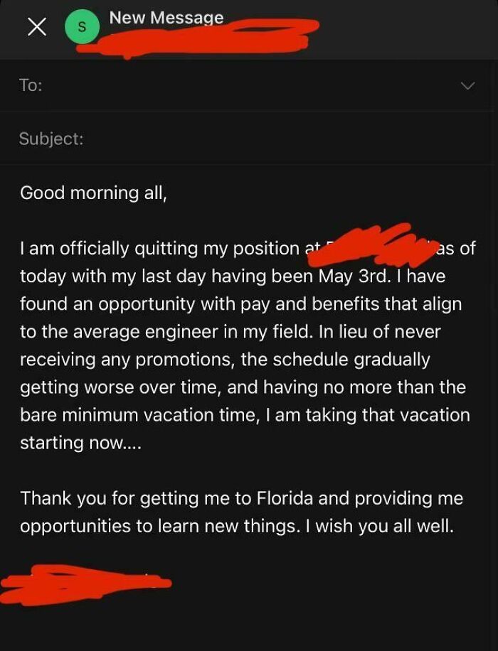 Email with subject of resignation, highlighting reasons for people quitting jobs.