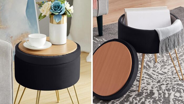 Smart furniture solution: black ottoman with wooden top, gold legs, doubles as storage and table for small living spaces.