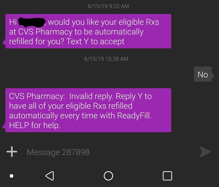 Text conversation with a pharmacy about automatic prescription refills, showcasing issues with local pharmacies.