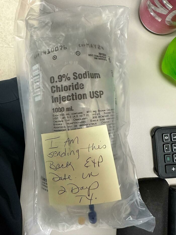 Expired saline bag with note, highlighting local pharmacy issues.