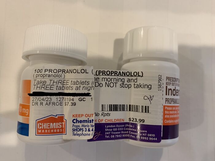 Two Propranolol bottles from local pharmacies with different dosage instructions.