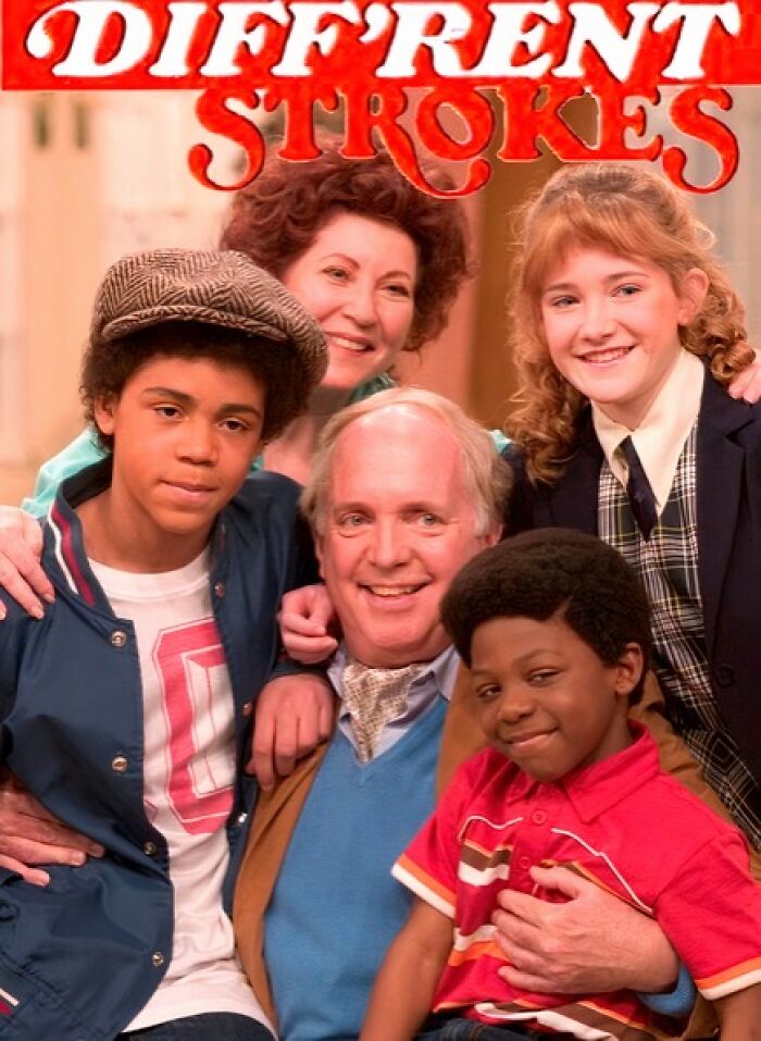 Cast of "Diff'rent Strokes" showcasing a classic Gen X TV moment with group pose and smiles.