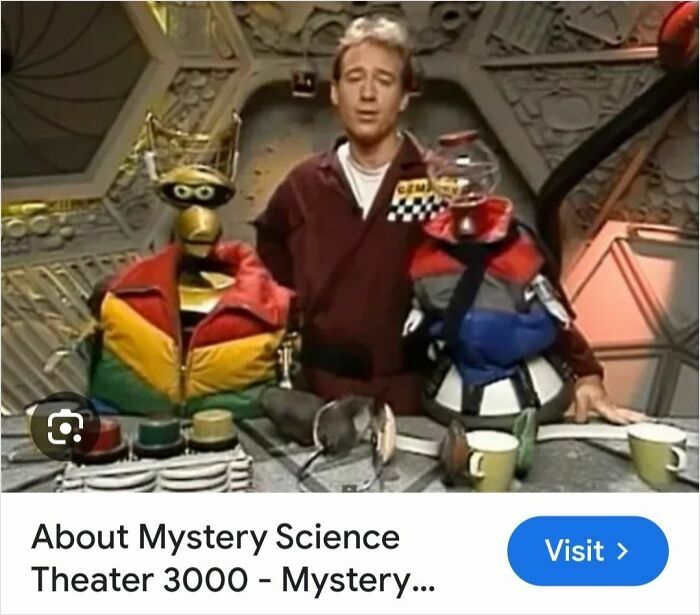 Mystery Science Theater 3000 set with host and two funny robot characters, iconic to Gen X culture.