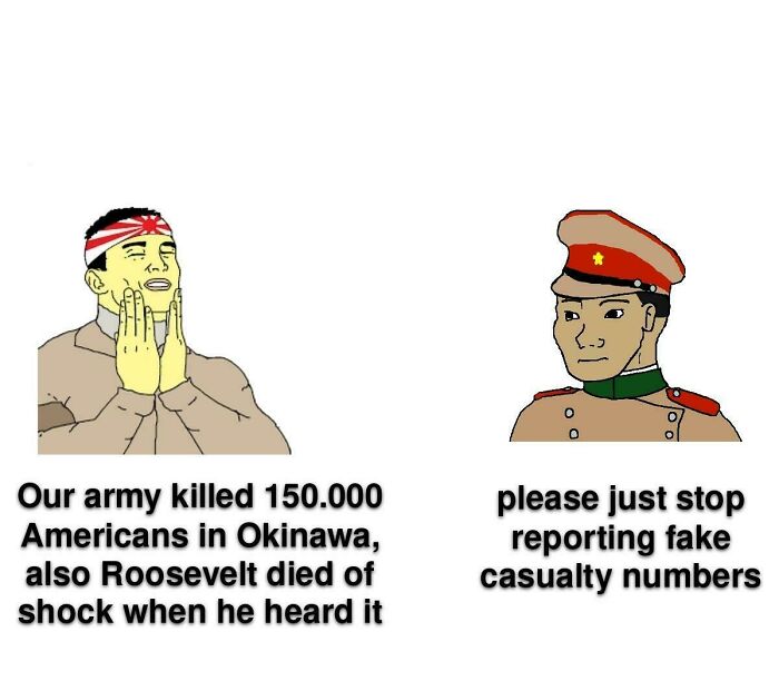 Two cartoon soldiers discussing exaggerated war casualty numbers in a historical meme.